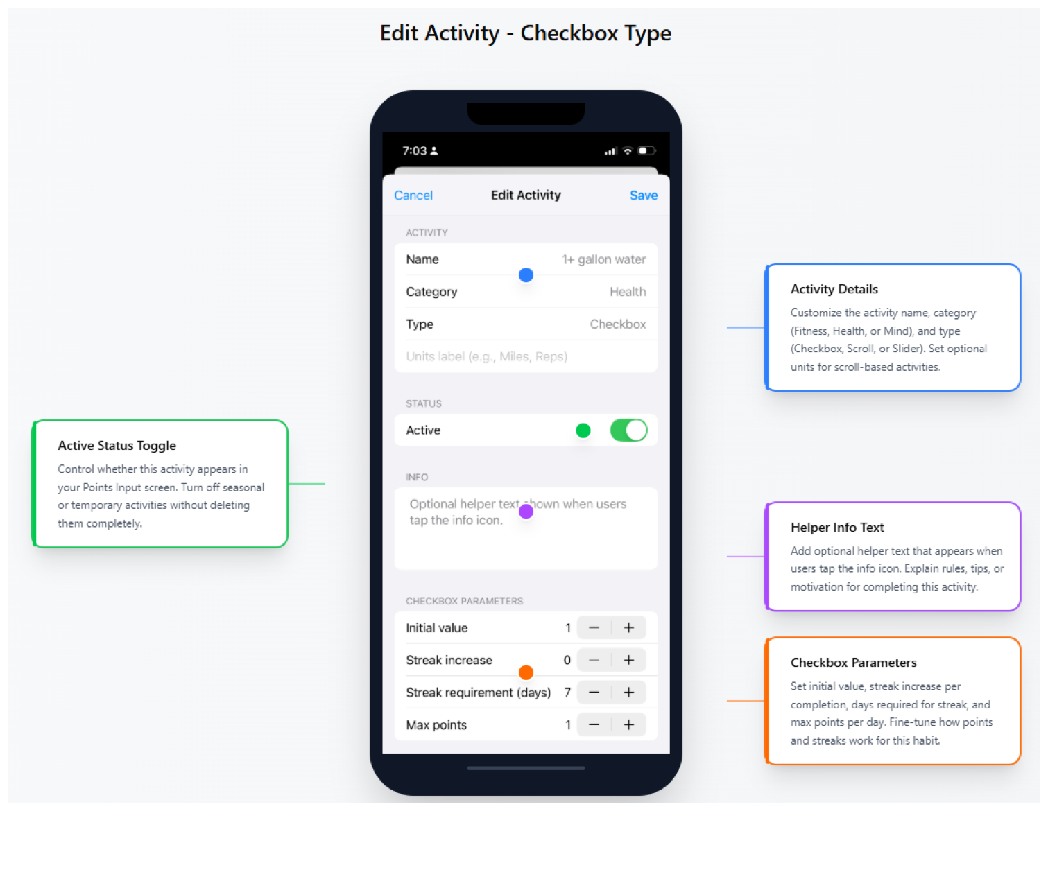 Annotated Peak Pursuit edit a checkbox activity screen