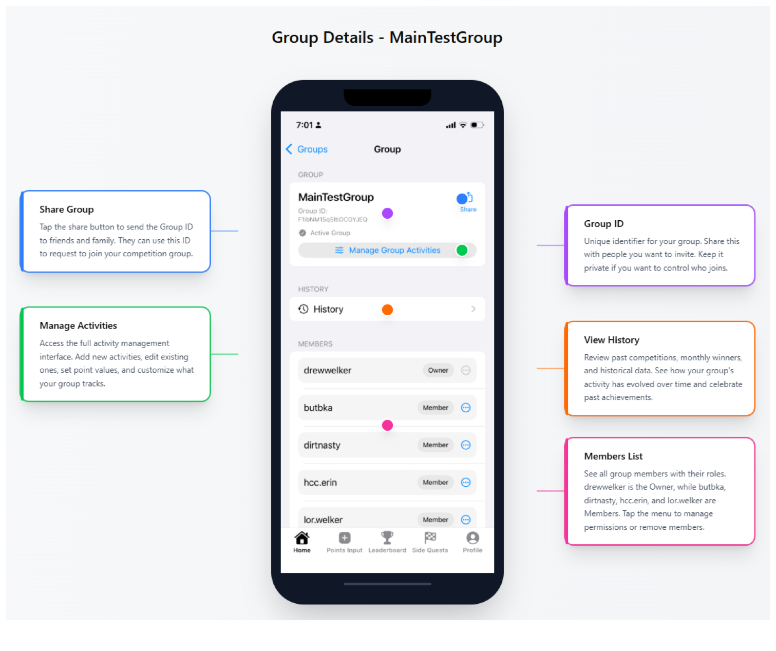 Annotated Peak Pursuit group details screen